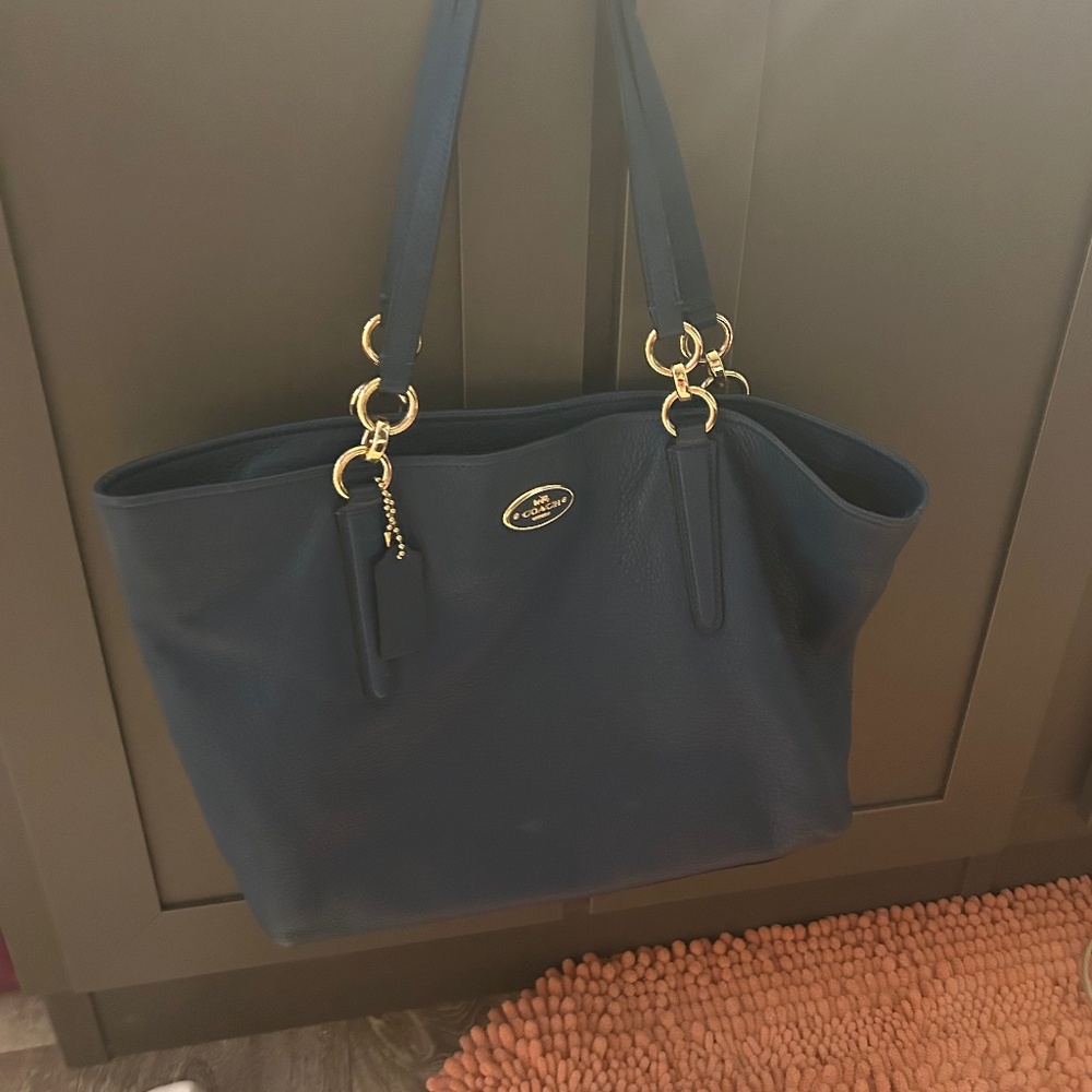 Coach Navy Blue Tote Bag with Gold Accents